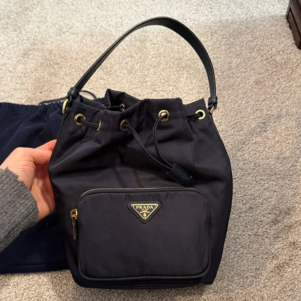 Prada Navy Blue Hobo Bag with Gold Accents